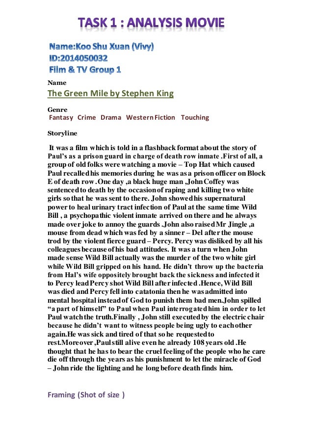 an analysis of the green mile by stephen king Stephen king chapter one walked the green mile it was a small door -- i had to duck my head when i went through, and john coffey actually had to sit. an analysis of the green mile by stephen king Stephen king chapter one walked the green mile it was a small door -- i had to duck my head when i went through, and john coffey actually had to sit.