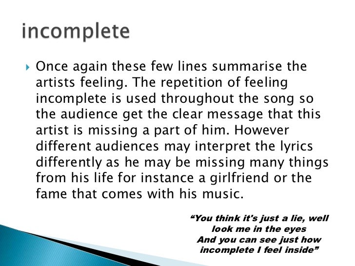 Analysis Of The Lyrics Incomplete analysis of the lyrics incomplete