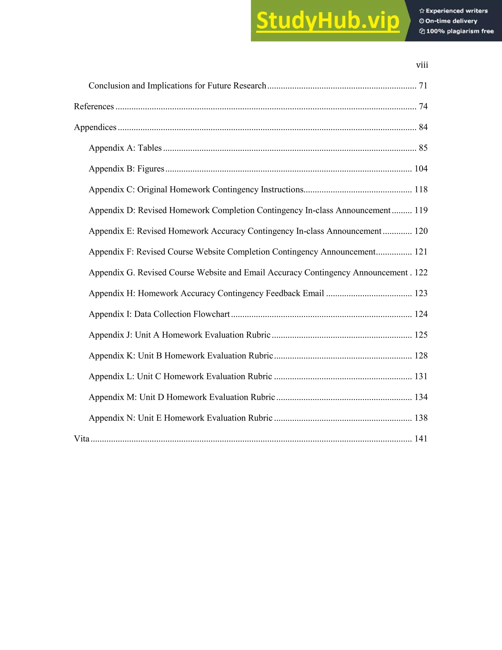 viii
Conclusion and Implications for Future Research.................................................................. 71
References ..................................................................................................................................... 74
Appendices.................................................................................................................................... 84
Appendix A: Tables................................................................................................................ 85
Appendix B: Figures............................................................................................................. 104
Appendix C: Original Homework Contingency Instructions................................................ 118
Appendix D: Revised Homework Completion Contingency In-class Announcement......... 119
Appendix E: Revised Homework Accuracy Contingency In-class Announcement............. 120
Appendix F: Revised Course Website Completion Contingency Announcement................ 121
Appendix G. Revised Course Website and Email Accuracy Contingency Announcement . 122
Appendix H: Homework Accuracy Contingency Feedback Email ...................................... 123
Appendix I: Data Collection Flowchart................................................................................ 124
Appendix J: Unit A Homework Evaluation Rubric.............................................................. 125
Appendix K: Unit B Homework Evaluation Rubric............................................................. 128
Appendix L: Unit C Homework Evaluation Rubric ............................................................. 131
Appendix M: Unit D Homework Evaluation Rubric............................................................ 134
Appendix N: Unit E Homework Evaluation Rubric............................................................. 138
Vita.............................................................................................................................................. 141
 