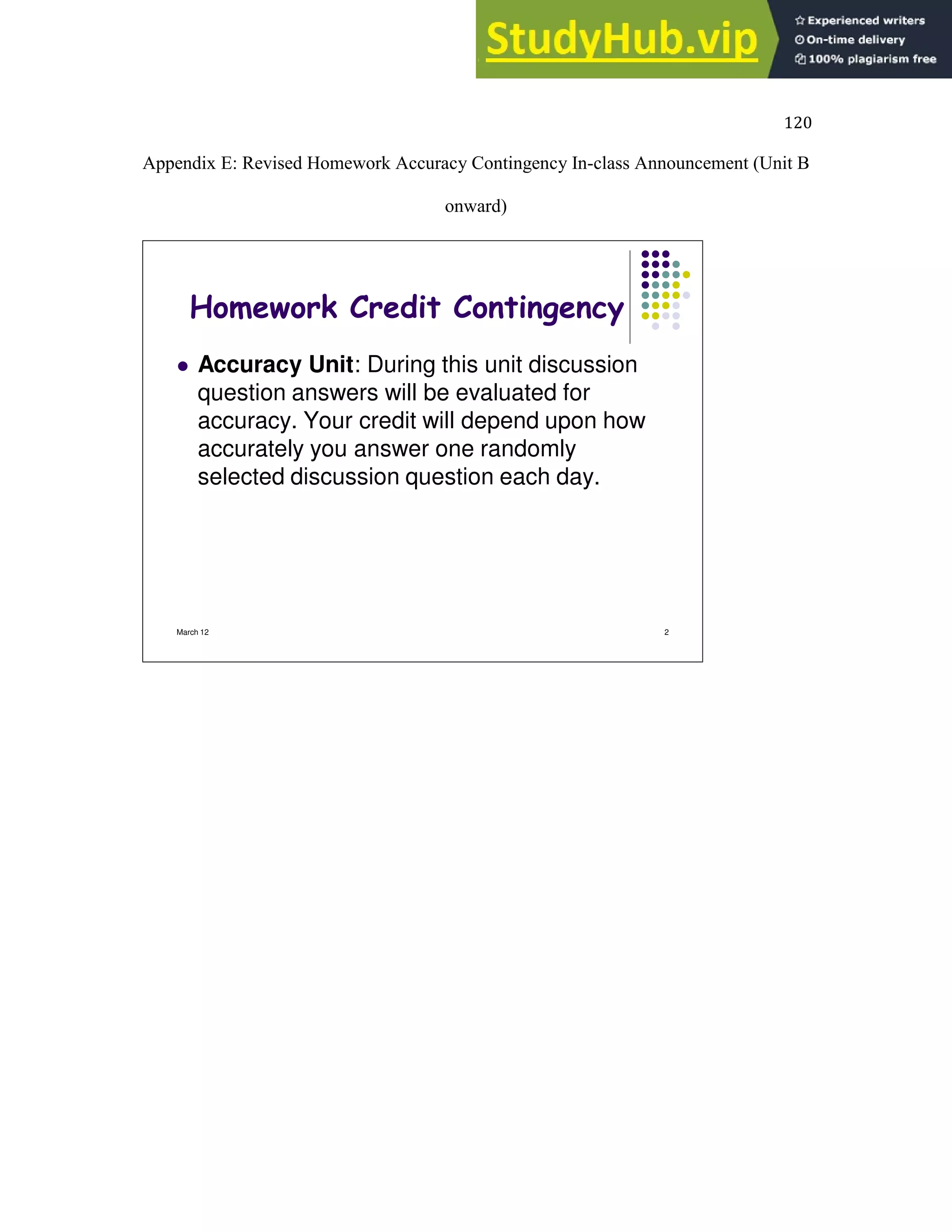 120
Appendix E: Revised Homework Accuracy Contingency In-class Announcement (Unit B
onward)
Homework Credit Contingency
 Accuracy Unit: During this unit discussion
question answers will be evaluated for
accuracy. Your credit will depend upon how
accurately you answer one randomly
selected discussion question each day.
March 12 2
 