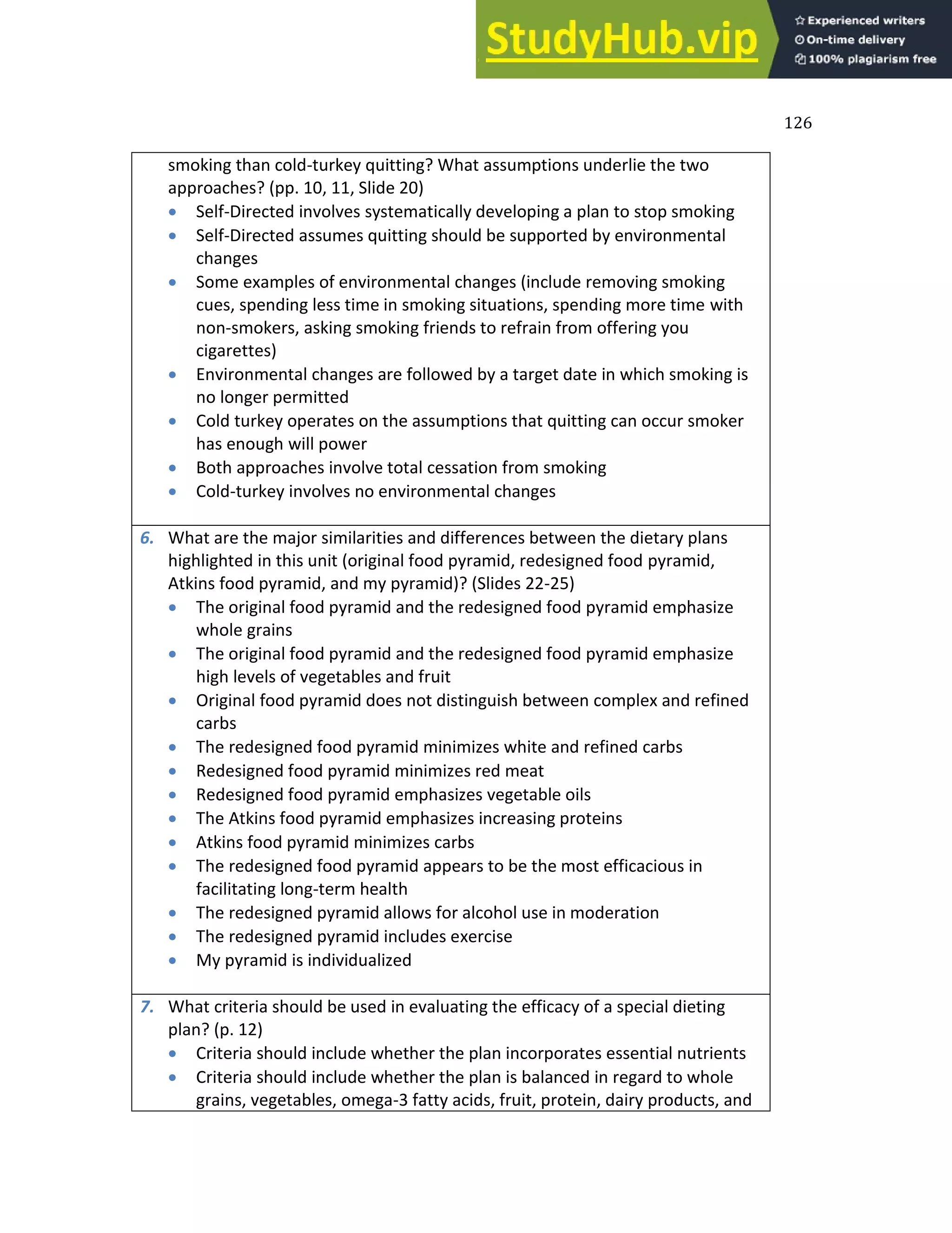 126
smoking than cold-turkey quitting? What assumptions underlie the two
approaches? (pp. 10, 11, Slide 20)
 Self-Directed involves systematically developing a plan to stop smoking
 Self-Directed assumes quitting should be supported by environmental
changes
 Some examples of environmental changes (include removing smoking
cues, spending less time in smoking situations, spending more time with
non-smokers, asking smoking friends to refrain from offering you
cigarettes)
 Environmental changes are followed by a target date in which smoking is
no longer permitted
 Cold turkey operates on the assumptions that quitting can occur smoker
has enough will power
 Both approaches involve total cessation from smoking
 Cold-turkey involves no environmental changes
6. What are the major similarities and differences between the dietary plans
highlighted in this unit (original food pyramid, redesigned food pyramid,
Atkins food pyramid, and my pyramid)? (Slides 22-25)
 The original food pyramid and the redesigned food pyramid emphasize
whole grains
 The original food pyramid and the redesigned food pyramid emphasize
high levels of vegetables and fruit
 Original food pyramid does not distinguish between complex and refined
carbs
 The redesigned food pyramid minimizes white and refined carbs
 Redesigned food pyramid minimizes red meat
 Redesigned food pyramid emphasizes vegetable oils
 The Atkins food pyramid emphasizes increasing proteins
 Atkins food pyramid minimizes carbs
 The redesigned food pyramid appears to be the most efficacious in
facilitating long-term health
 The redesigned pyramid allows for alcohol use in moderation
 The redesigned pyramid includes exercise
 My pyramid is individualized
7. What criteria should be used in evaluating the efficacy of a special dieting
plan? (p. 12)
 Criteria should include whether the plan incorporates essential nutrients
 Criteria should include whether the plan is balanced in regard to whole
grains, vegetables, omega-3 fatty acids, fruit, protein, dairy products, and
 