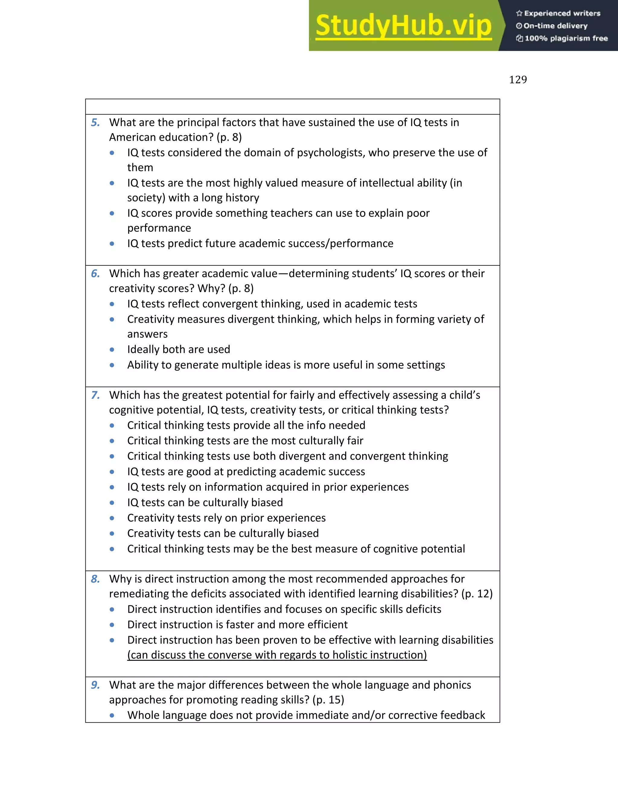 129
5. What are the principal factors that have sustained the use of IQ tests in
American education? (p. 8)
 IQ tests considered the domain of psychologists, who preserve the use of
them
 IQ tests are the most highly valued measure of intellectual ability (in
society) with a long history
 IQ scores provide something teachers can use to explain poor
performance
 IQ tests predict future academic success/performance
6. Which has greater academic value—deter i i g stude ts’ IQ s ores or their
creativity scores? Why? (p. 8)
 IQ tests reflect convergent thinking, used in academic tests
 Creativity measures divergent thinking, which helps in forming variety of
answers
 Ideally both are used
 Ability to generate multiple ideas is more useful in some settings
7. Whi h has the greatest pote tial for fairl a d effe ti el assessi g a hild’s
cognitive potential, IQ tests, creativity tests, or critical thinking tests?
 Critical thinking tests provide all the info needed
 Critical thinking tests are the most culturally fair
 Critical thinking tests use both divergent and convergent thinking
 IQ tests are good at predicting academic success
 IQ tests rely on information acquired in prior experiences
 IQ tests can be culturally biased
 Creativity tests rely on prior experiences
 Creativity tests can be culturally biased
 Critical thinking tests may be the best measure of cognitive potential
8. Why is direct instruction among the most recommended approaches for
remediating the deficits associated with identified learning disabilities? (p. 12)
 Direct instruction identifies and focuses on specific skills deficits
 Direct instruction is faster and more efficient
 Direct instruction has been proven to be effective with learning disabilities
(can discuss the converse with regards to holistic instruction)
9. What are the major differences between the whole language and phonics
approaches for promoting reading skills? (p. 15)
 Whole language does not provide immediate and/or corrective feedback
 