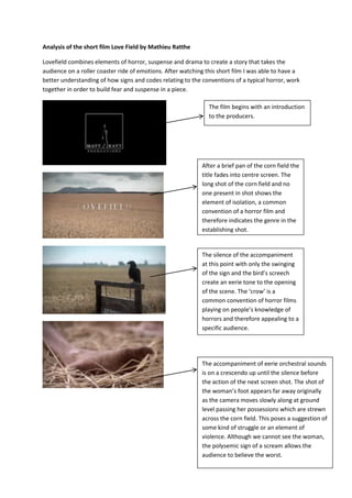 Analysis of the short film Love Field by Mathieu Ratthe

Lovefield combines elements of horror, suspense and drama to create a story that takes the
audience on a roller coaster ride of emotions. After watching this short film I was able to have a
better understanding of how signs and codes relating to the conventions of a typical horror, work
together in order to build fear and suspense in a piece.

                                                               The film begins with an introduction
                                                               to the producers.




                                                            After a brief pan of the corn field the
                                                            title fades into centre screen. The
                                                            long shot of the corn field and no
                                                            one present in shot shows the
                                                            element of isolation, a common
                                                            convention of a horror film and
                                                            therefore indicates the genre in the
                                                            establishing shot.


                                                            The silence of the accompaniment
                                                            at this point with only the swinging
                                                            of the sign and the bird’s screech
                                                            create an eerie tone to the opening
                                                            of the scene. The ‘crow’ is a
                                                            common convention of horror films
                                                            playing on people’s knowledge of
                                                            horrors and therefore appealing to a
                                                            specific audience.




                                                            The accompaniment of eerie orchestral sounds
                                                            is on a crescendo up until the silence before
                                                            the action of the next screen shot. The shot of
                                                            the woman’s foot appears far away originally
                                                            as the camera moves slowly along at ground
                                                            level passing her possessions which are strewn
                                                            across the corn field. This poses a suggestion of
                                                            some kind of struggle or an element of
                                                            violence. Although we cannot see the woman,
                                                            the polysemic sign of a scream allows the
                                                            audience to believe the worst.
 