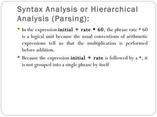 Syntax Analysis or Hierarchical Analysis (Parsing):   In the expression  initial + rate * 60 , the phrase rate * 60 is a logical unit because the usual conventions of arithmetic expressions tell us that the multiplication is performed before addition.  Because the expression  initial + rate  is followed by a *, it is not grouped into a single phrase by itself 