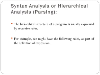Syntax Analysis or Hierarchical Analysis (Parsing):   The hierarchical structure of a program is usually expressed by recursive rules. For example, we might have the following rules, as part of the definition of expression: 