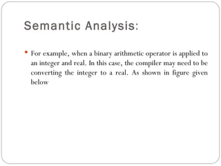 Semantic Analysis :  For example, when a binary arithmetic operator is applied to an integer and real. In this case, the compiler may need to be converting the integer to a real. As shown in figure given below 