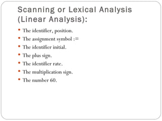 Scanning or Lexical Analysis (Linear Analysis):   The identifier, position. The assignment symbol := The identifier initial. The plus sign. The identifier rate. The multiplication sign. The number 60. 
