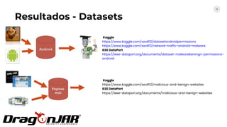 12
Resultados - Datasets
Kaggle
https://www.kaggle.com/xwolf12/datasetandroidpermissions
https://www.kaggle.com/xwolf12/network-traffic-android-malware
IEEE DataPort
https://ieee-dataport.org/documents/dataset-malwarebeningn-permissions-
android
Kaggle
https://www.kaggle.com/xwolf12/malicious-and-benign-websites
IEEE DataPort
https://ieee-dataport.org/documents/malicious-and-benign-websites
 