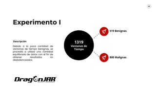 Experimento I
40
519 Benignas
1319
Ventanas de
Tiempo
Descripción
Debido a la poca cantidad de
ventanas de tiempo benignas, se
procedió a utilizar una cantidad
equilibrada de datos con el fin de
obtener resultados no
desbalanceados.
800 Malignas
 