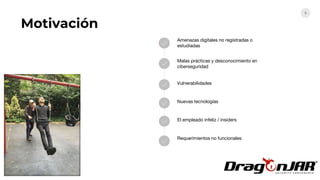 5
Amenazas digitales no registradas o
estudiadas
Malas prácticas y desconocimiento en
ciberseguridad
Requerimientos no funcionales
Vulnerabilidades
Nuevas tecnologías
El empleado infeliz / insiders
Motivación
 