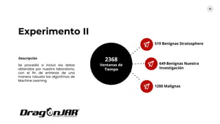 Experimento II
54
519 Benignas Stratosphere
2368
Ventanas de
Tiempo
Descripción
Se procedió a incluir los datos
obtenidos por nuestro laboratorio,
con el fin de entrenar de una
manera robusta los algoritmos de
Machine Learning
649 Benignas Nuestra
Investigación
1200 Malignas
 