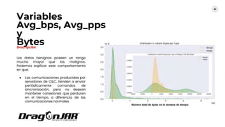 Variables
Avg_bps, Avg_pps
y
Bytes
68
Descripción
Los datos benignos poseen un rango
mucho mayor que los malignos.
Podemos explicar este comportamiento
en que:
● Las comunicaciones producidas por
servidores de C&C, tienden a enviar
periódicamente comandos de
sincronización, pero no desean
mantener conexiones que perduren
en el tiempo, a diferencia de las
comunicaciones normales
Número total de bytes en la ventana de tiempo
 