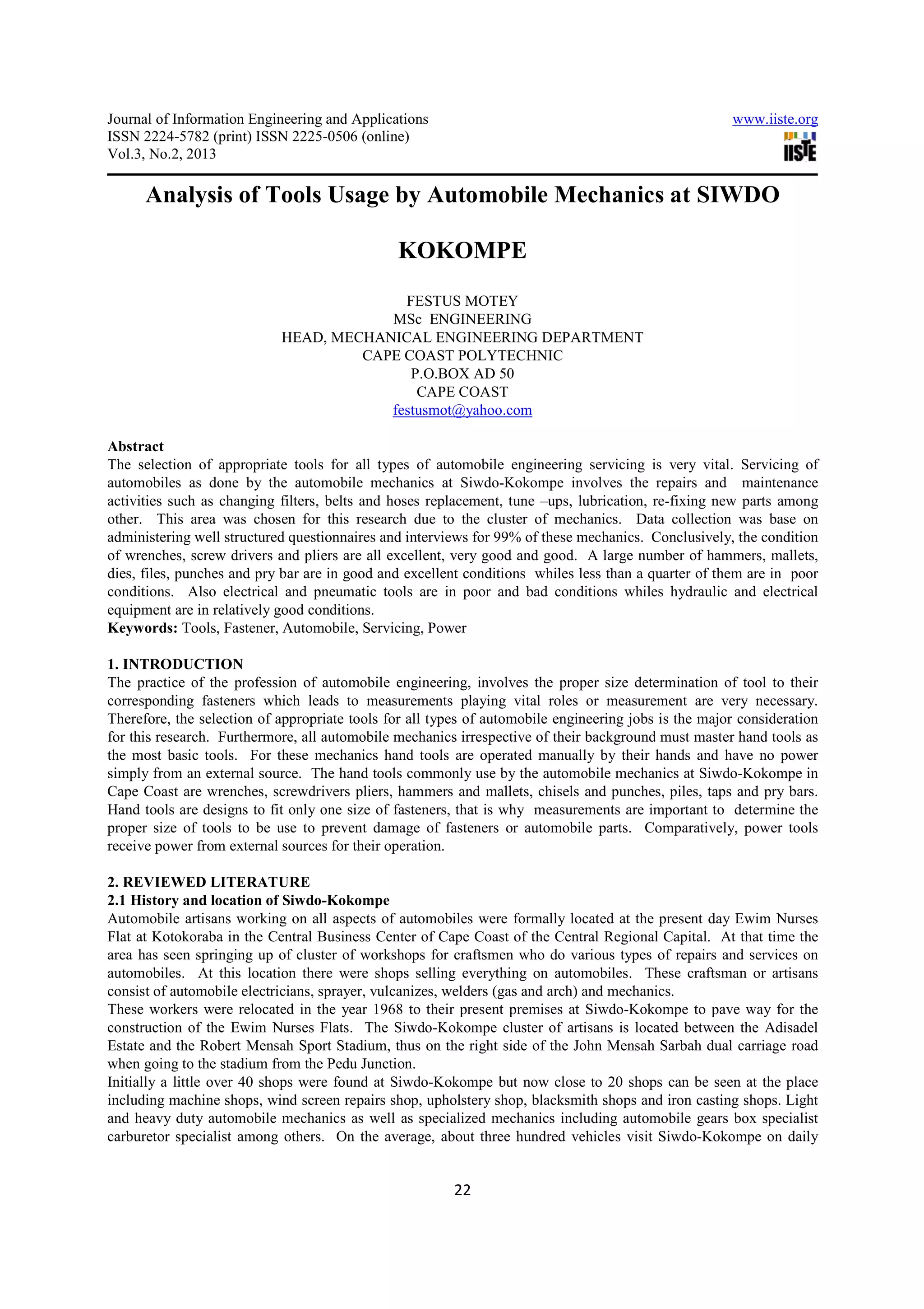Analysis of tools usage by automobile mechanics at siwdo | PDF