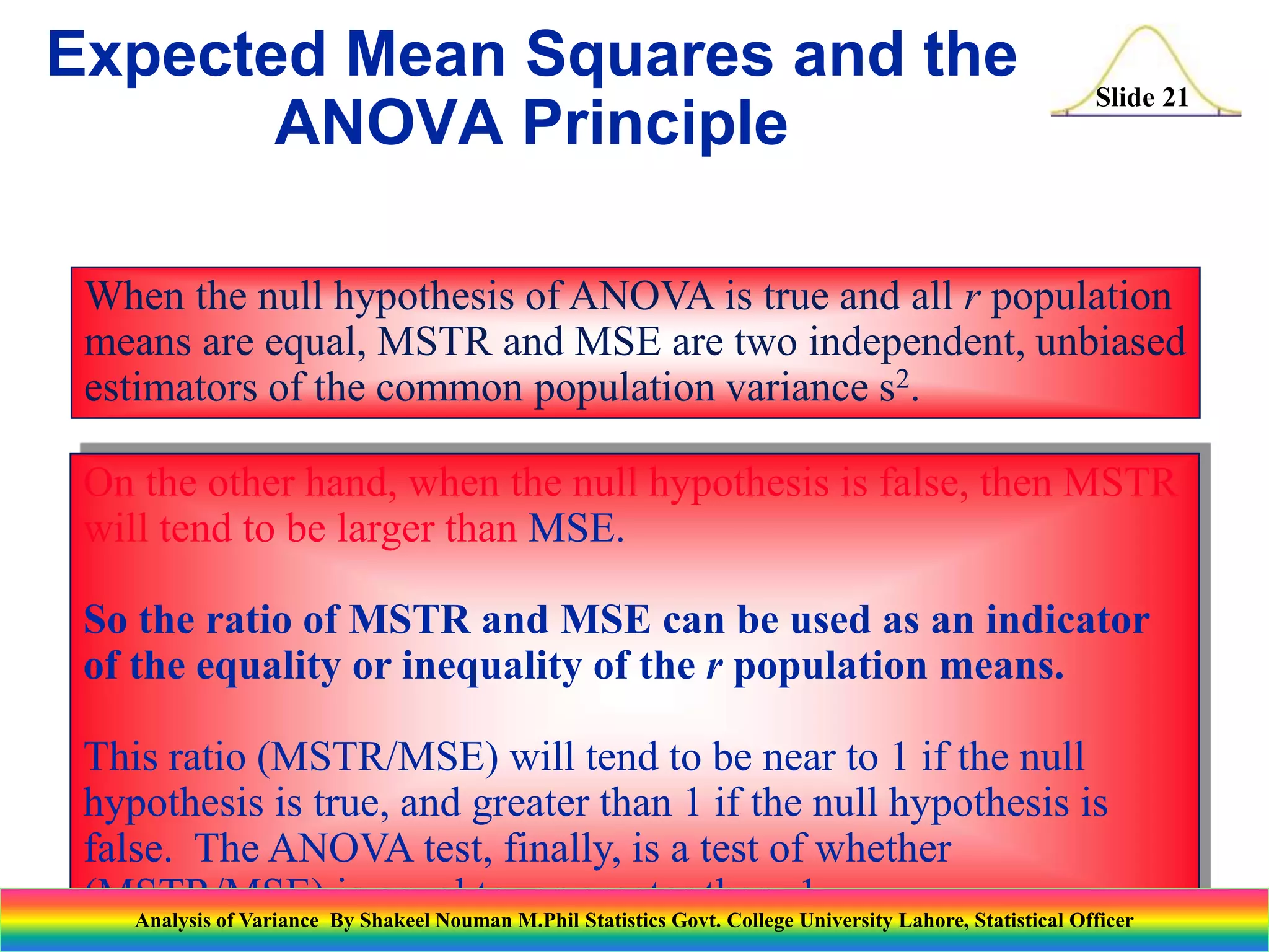 Slide 21
When the null hypothesis of ANOVA is true and all r population
means are equal, MSTR and MSE are two independent, unbiased
estimators of the common population variance s2.
On the other hand, when the null hypothesis is false, then MSTR
will tend to be larger than MSE.
So the ratio of MSTR and MSE can be used as an indicator
of the equality or inequality of the r population means.
This ratio (MSTR/MSE) will tend to be near to 1 if the null
hypothesis is true, and greater than 1 if the null hypothesis is
false. The ANOVA test, finally, is a test of whether
(MSTR/MSE) is equal to, or greater than, 1.
Expected Mean Squares and the
ANOVA Principle
Analysis of Variance By Shakeel Nouman M.Phil Statistics Govt. College University Lahore, Statistical Officer
 