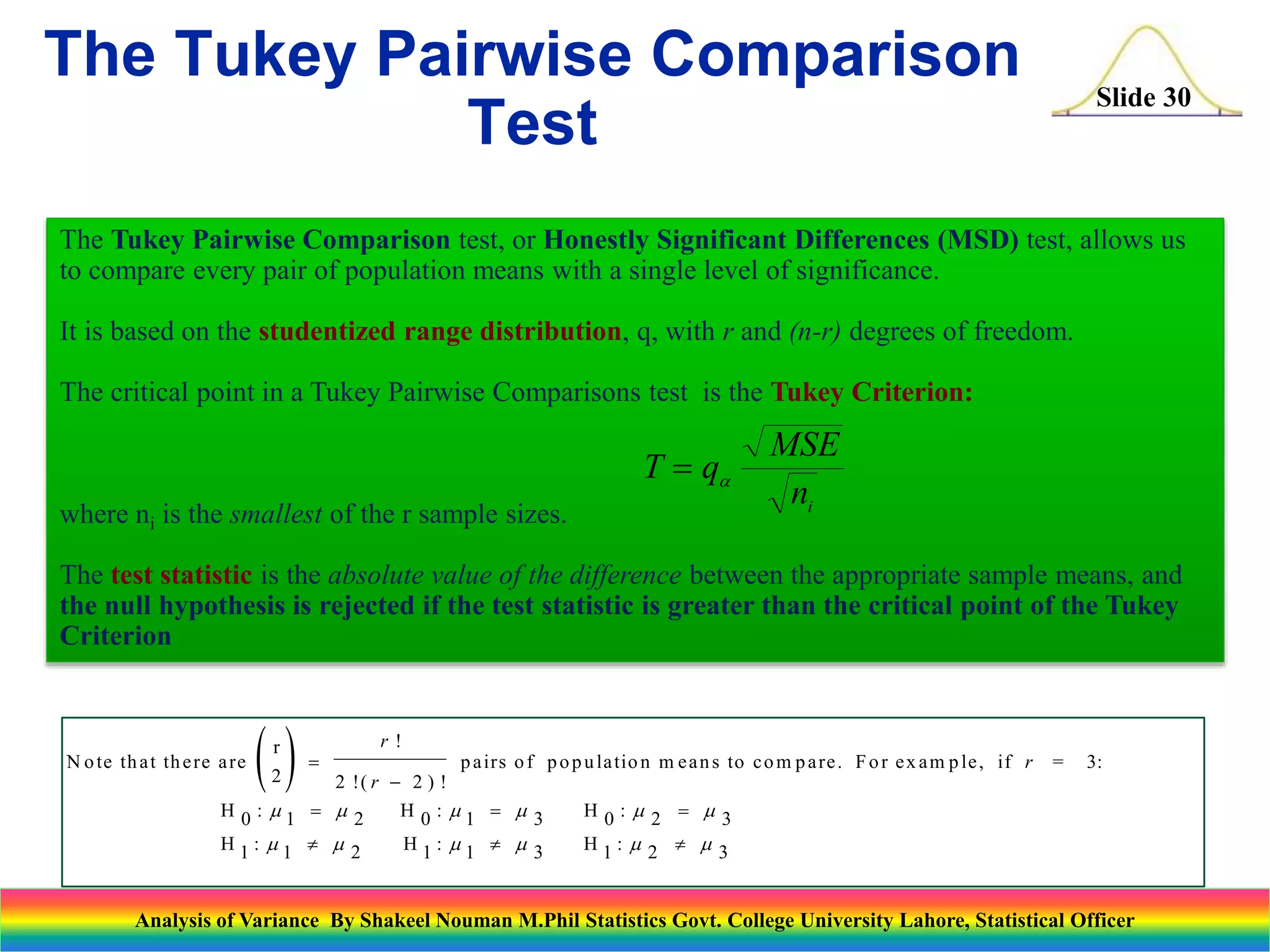 Slide 30
The Tukey Pairwise Comparison test, or Honestly Significant Differences (MSD) test, allows us
to compare every pair of population means with a single level of significance.
It is based on the studentized range distribution, q, with r and (n-r) degrees of freedom.
The critical point in a Tukey Pairwise Comparisons test is the Tukey Criterion:
where ni is the smallest of the r sample sizes.
The test statistic is the absolute value of the difference between the appropriate sample means, and
the null hypothesis is rejected if the test statistic is greater than the critical point of the Tukey
Criterion
T q
MSE
ni
 a
 
N ote that there are
r
2
pairs of population m eans to com pare. For exam ple, if = :
H 0 H 0 H 0
H 1 H 1 H 1


  
  
r
r
r
!
!( ) !
: : :
: : :
2 2
3
1 2 1 3 2 3
1 2 1 3 2 3
m m m m m m
m m m m m m
The Tukey Pairwise Comparison
Test
Analysis of Variance By Shakeel Nouman M.Phil Statistics Govt. College University Lahore, Statistical Officer
 