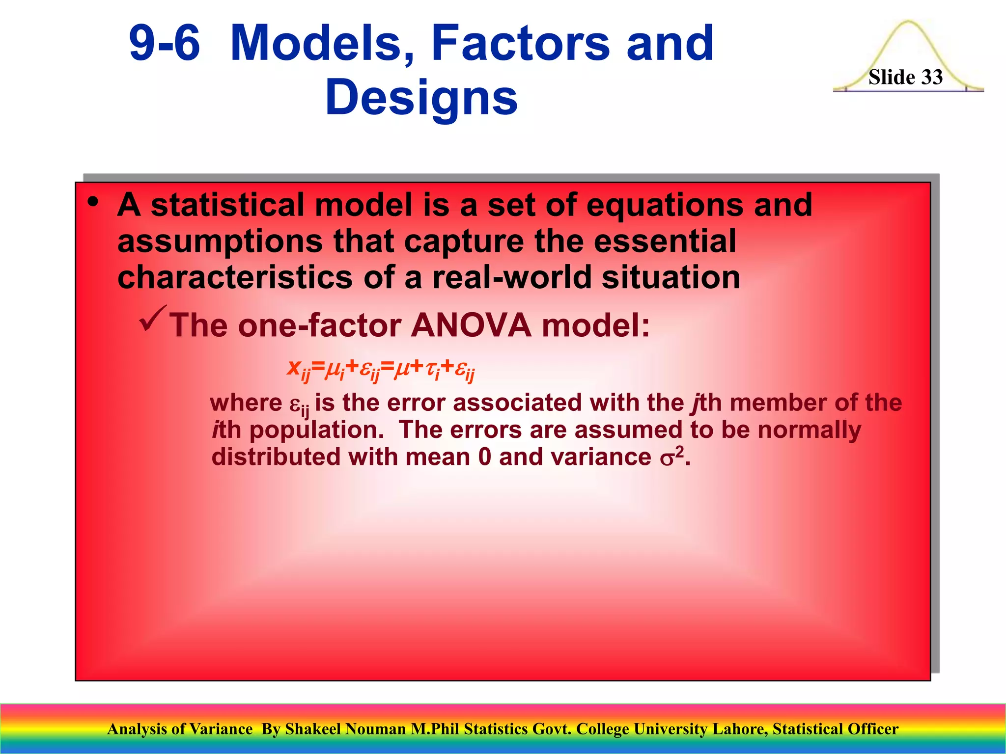 Slide 33
• A statistical model is a set of equations and
assumptions that capture the essential
characteristics of a real-world situation
The one-factor ANOVA model:
xij=mi+eij=m+ti+eij
where eij is the error associated with the jth member of the
ith population. The errors are assumed to be normally
distributed with mean 0 and variance s2.
9-6 Models, Factors and
Designs
Analysis of Variance By Shakeel Nouman M.Phil Statistics Govt. College University Lahore, Statistical Officer
 