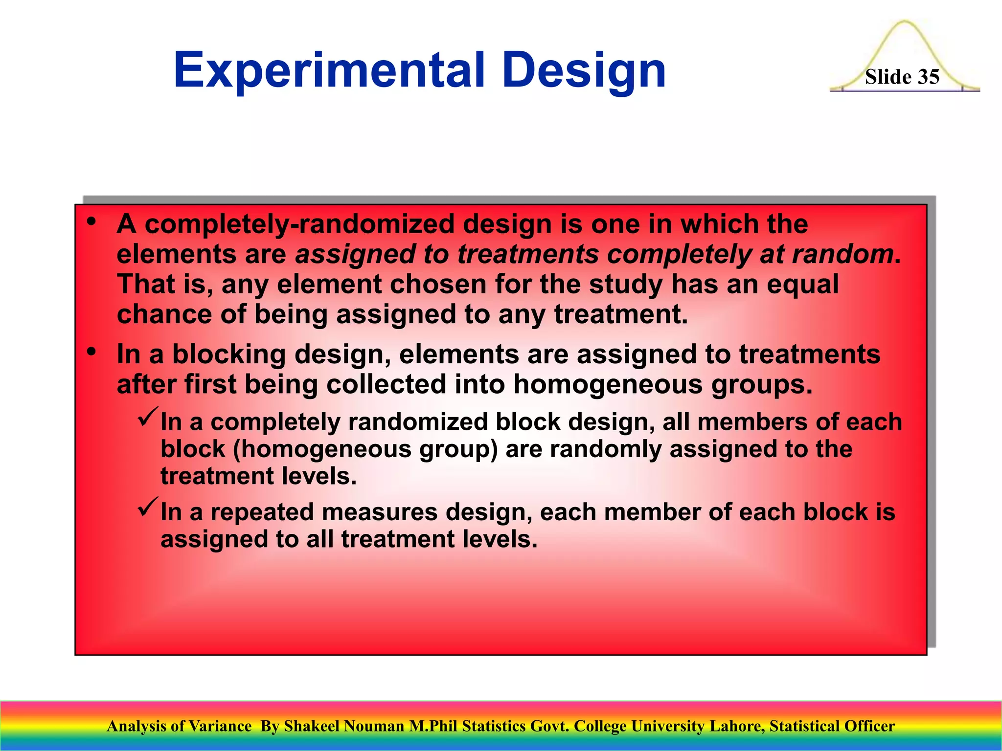 Slide 35
• A completely-randomized design is one in which the
elements are assigned to treatments completely at random.
That is, any element chosen for the study has an equal
chance of being assigned to any treatment.
• In a blocking design, elements are assigned to treatments
after first being collected into homogeneous groups.
In a completely randomized block design, all members of each
block (homogeneous group) are randomly assigned to the
treatment levels.
In a repeated measures design, each member of each block is
assigned to all treatment levels.
Experimental Design
Analysis of Variance By Shakeel Nouman M.Phil Statistics Govt. College University Lahore, Statistical Officer
 