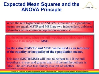 Slide 21
When the null hypothesis of ANOVA is true and all r population
means are equal, MSTR and MSE are two independent, unbiased
estimators of the common population variance s2.
On the other hand, when the null hypothesis is false, then MSTR
will tend to be larger than MSE.
So the ratio of MSTR and MSE can be used as an indicator
of the equality or inequality of the r population means.
This ratio (MSTR/MSE) will tend to be near to 1 if the null
hypothesis is true, and greater than 1 if the null hypothesis is
false. The ANOVA test, finally, is a test of whether
(MSTR/MSE) is equal to, or greater than, 1.
Expected Mean Squares and the
ANOVA Principle
Analysis of Variance By Shakeel Nouman M.Phil Statistics Govt. College University Lahore, Statistical Officer
 