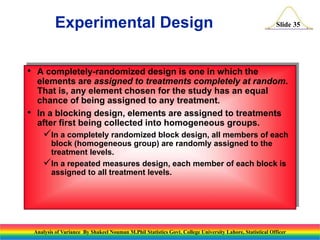 Slide 35
• A completely-randomized design is one in which the
elements are assigned to treatments completely at random.
That is, any element chosen for the study has an equal
chance of being assigned to any treatment.
• In a blocking design, elements are assigned to treatments
after first being collected into homogeneous groups.
In a completely randomized block design, all members of each
block (homogeneous group) are randomly assigned to the
treatment levels.
In a repeated measures design, each member of each block is
assigned to all treatment levels.
Experimental Design
Analysis of Variance By Shakeel Nouman M.Phil Statistics Govt. College University Lahore, Statistical Officer
 
