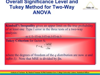 Slide 44
Kimball’s Inequality gives an upper limit on the true probability
of at least one Type I error in the three tests of a two-way
analysis:
a  1- (1-a1) (1-a2) (1-a3)
Tukey Criterion for factor A:
where the degrees of freedom of the q distribution are now a and
ab(n-1). Note that MSE is divided by bn.
T q
MSE
bn
 a
Overall Significance Level and
Tukey Method for Two-Way
ANOVA
Analysis of Variance By Shakeel Nouman M.Phil Statistics Govt. College University Lahore, Statistical Officer
 