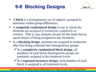 Slide 47
• A block is a homogeneous set of subjects, grouped to
minimize within-group differences.
• A competely-randomized design is one in which the
elements are assigned to treatments completely at
random. That is, any element chosen for the study has an
equal chance of being assigned to any treatment.
• In a blocking design, elements are assigned to treatments
after first being collected into homogeneous groups.
In a completely randomized block design, all
members of each block (homogenous group) are
randomly assigned to the treatment levels.
In a repeated measures design, each member of each
block is assigned to all treatment levels.
9-8 Blocking Designs
Analysis of Variance By Shakeel Nouman M.Phil Statistics Govt. College University Lahore, Statistical Officer
 