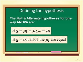 Defining the hypothesis 
10 
The Null & Alternate hypotheses for one-way 
ANOVA are: 
H0  1  2...  i 
Ha  not all of the i are equal 
 