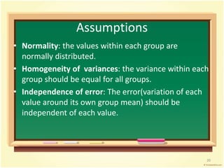 Assumptions 
• Normality: the values within each group are 
normally distributed. 
• Homogeneity of variances: the variance within each 
group should be equal for all groups. 
• Independence of error: The error(variation of each 
value around its own group mean) should be 
independent of each value. 
20 
 
