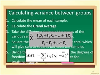 Calculating variance between groups 
1. Calculate the mean of each sample. 
2. Calculate the Grand average 
3. Take the difference between the means of the 
nx n x ... n x 
   
various samples and the grand average. 
1 1 2 2 k k 
n n ... n 
X 
 
4. Square these deviations and obtain the total which 
   
1 2 k 
will give sum of squares between the samples 
5. Divide the total obtained in step 4 by the degrees of 
2 
i SST n (x x) i 
freedom to calculate the mean squares for 
treatment(MST). 
i 
22 
 
