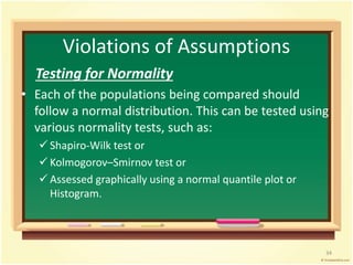 Violations of Assumptions 
Testing for Normality 
• Each of the populations being compared should 
follow a normal distribution. This can be tested using 
various normality tests, such as: 
 Shapiro-Wilk test or 
 Kolmogorov–Smirnov test or 
 Assessed graphically using a normal quantile plot or 
Histogram. 
34 
 
