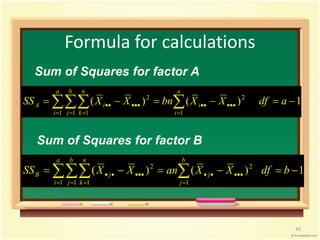 Formula for calculations 
Sum of Squares for factor A 
2        
  SS X X bn X X df a 
( ) ( ) 1 
1 
2 
A i 
1 1 1 
 
  
   
a 
i 
i 
a 
i 
b 
j 
n 
k 
Sum of Squares for factor B 
a 
2 2 ( ) ( ) 1 
  
    
B j j SS X X an X X df b 
            
i 
b 
j 
n 
k 
b 
j 
1 1 1 1 
43 
 