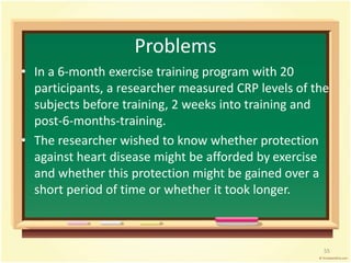 Problems 
• In a 6-month exercise training program with 20 
participants, a researcher measured CRP levels of the 
subjects before training, 2 weeks into training and 
post-6-months-training. 
• The researcher wished to know whether protection 
against heart disease might be afforded by exercise 
and whether this protection might be gained over a 
short period of time or whether it took longer. 
55 
 