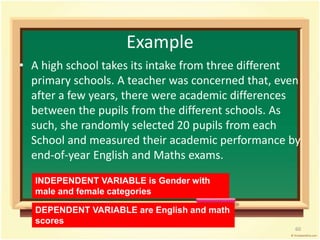 Example 
• A high school takes its intake from three different 
primary schools. A teacher was concerned that, even 
after a few years, there were academic differences 
between the pupils from the different schools. As 
such, she randomly selected 20 pupils from each 
School and measured their academic performance by 
end-of-year English and Maths exams. 
60 
INDEPENDENT VARIABLE is Gender with 
male and female categories 
DEPENDENT VARIABLE are English and math 
scores 
 