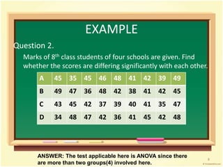 EXAMPLE 
Question 2. 
Marks of 8th class students of four schools are given. Find 
whether the scores are differing significantly with each other. 
A 45 35 45 46 48 41 42 39 49 
B 49 47 36 48 42 38 41 42 45 
C 43 45 42 37 39 40 41 35 47 
D 34 48 47 42 36 41 45 42 48 
ANSWER: The test applicable here is ANOVA since there 
are more than two groups(4) involved here. 
8 
 