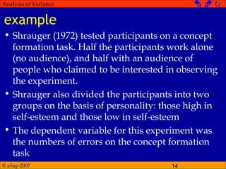 © aSup-2007 14
Analysis of Variance   
example
• Shrauger (1972) tested participants on a concept
formation task. Half the participants work alone
(no audience), and half with an audience of
people who claimed to be interested in observing
the experiment.
• Shrauger also divided the participants into two
groups on the basis of personality: those high in
self-esteem and those low in self-esteem
• The dependent variable for this experiment was
the numbers of errors on the concept formation
task
 
