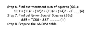 Step 6. Find out treatment sum of squares (SST):
SST = (T1)2 + (T2)2 + (T3)2 + (T4)2 – CF ……. (ii)
Step 7. Find out Error Sum of Squares (SSE):
SSE = TCSS – SST ………….. (iii)
Step 8. Prepare the ANOVA table
 