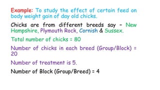 Example: To study the effect of certain feed on
body weight gain of day old chicks.
Chicks are from different breeds say – New
Hampshire, Plymouth Rock, Cornish & Sussex.
Total number of chicks = 80
Number of chicks in each breed (Group/Block) =
20
Number of treatment is 5.
Number of Block (Group/Breed) = 4
 