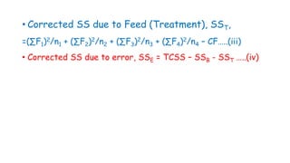 • Corrected SS due to Feed (Treatment), SST,
=(∑F1)2/n1 + (∑F2)2/n2 + (∑F3)2/n3 + (∑F4)2/n4 – CF…..(iii)
• Corrected SS due to error, SSE = TCSS – SSB - SST …..(iv)
 