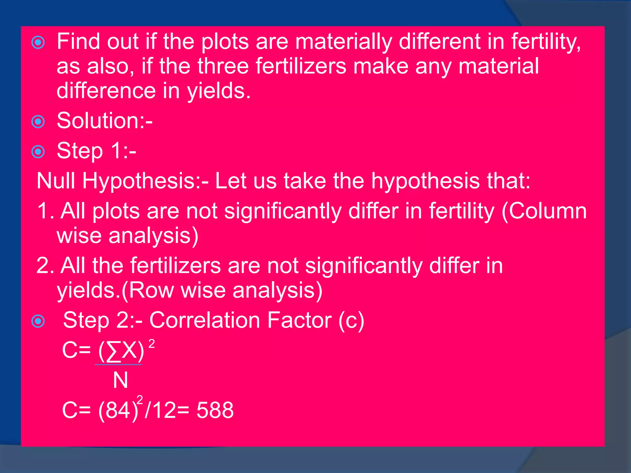  Find out if the plots are materially different in fertility,
as also, if the three fertilizers make any material
difference in yields.
 Solution:-
 Step 1:-
Null Hypothesis:- Let us take the hypothesis that:
1. All plots are not significantly differ in fertility (Column
wise analysis)
2. All the fertilizers are not significantly differ in
yields.(Row wise analysis)
 Step 2:- Correlation Factor (c)
C= (∑X)
N
C= (84) /12= 588
2
2
 