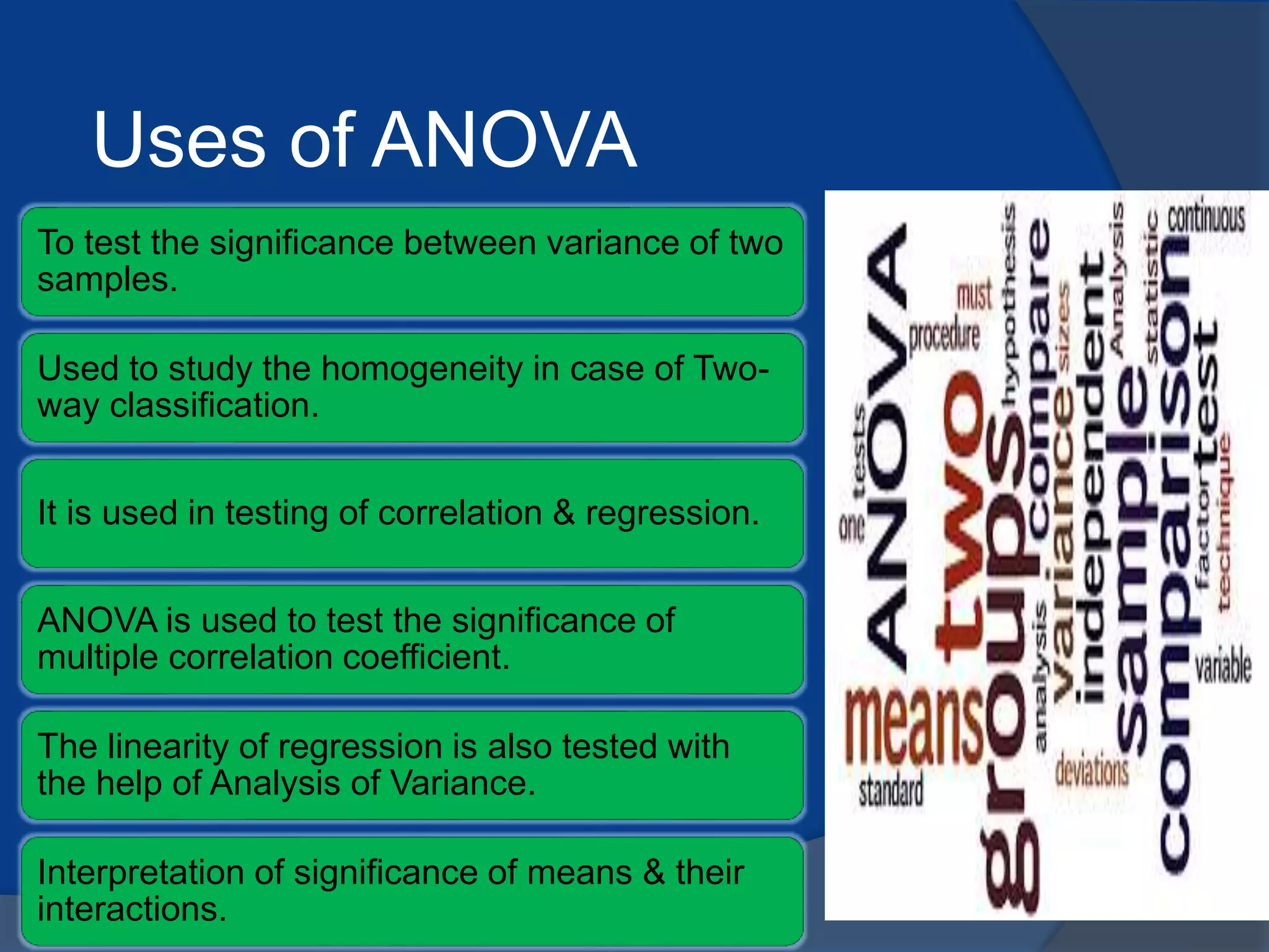 Uses of ANOVA
To test the significance between variance of two
samples.
Used to study the homogeneity in case of Two-
way classification.
It is used in testing of correlation & regression.
ANOVA is used to test the significance of
multiple correlation coefficient.
The linearity of regression is also tested with
the help of Analysis of Variance.
Interpretation of significance of means & their
interactions.
 