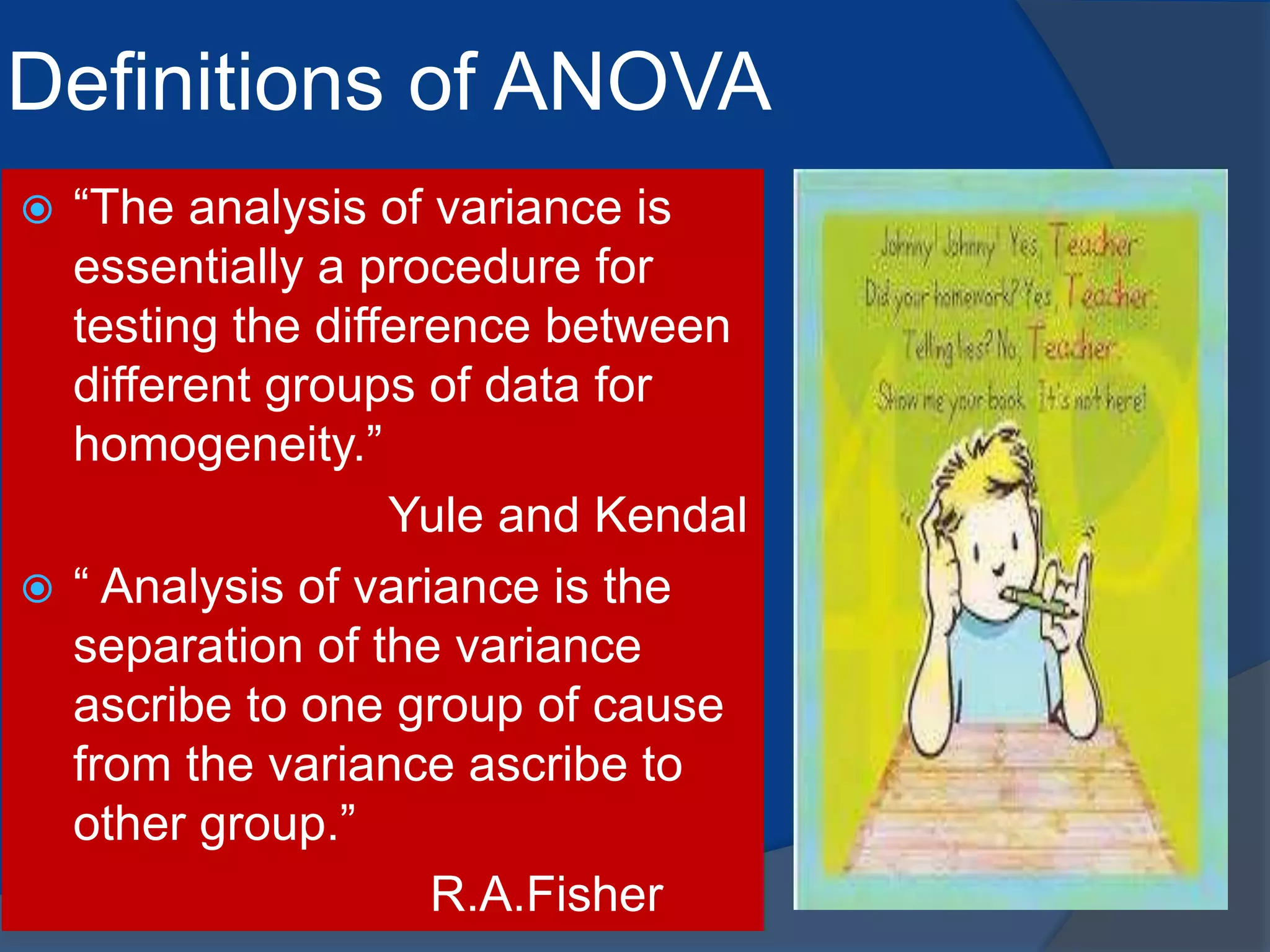 Definitions of ANOVA
 “The analysis of variance is
essentially a procedure for
testing the difference between
different groups of data for
homogeneity.”
Yule and Kendal
 “ Analysis of variance is the
separation of the variance
ascribe to one group of cause
from the variance ascribe to
other group.”
R.A.Fisher
 