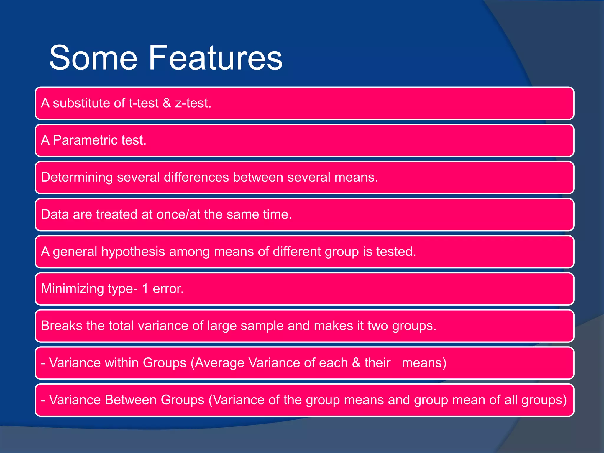 Some Features
A substitute of t-test & z-test.
A Parametric test.
Determining several differences between several means.
Data are treated at once/at the same time.
A general hypothesis among means of different group is tested.
Minimizing type- 1 error.
Breaks the total variance of large sample and makes it two groups.
- Variance within Groups (Average Variance of each & their means)
- Variance Between Groups (Variance of the group means and group mean of all groups)
 