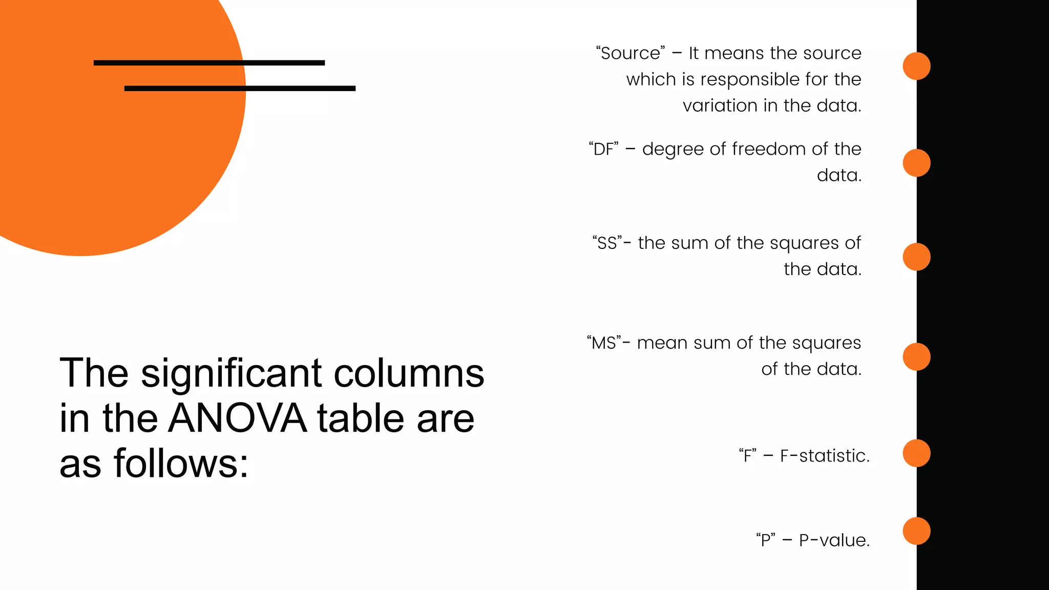 The significant columns
in the ANOVA table are
as follows:
“Source” – It means the source
which is responsible for the
variation in the data.
“DF” – degree of freedom of the
data.
“SS”- the sum of the squares of
the data.
“MS”- mean sum of the squares
of the data.
“F” – F-statistic.
“P” – P-value.
 