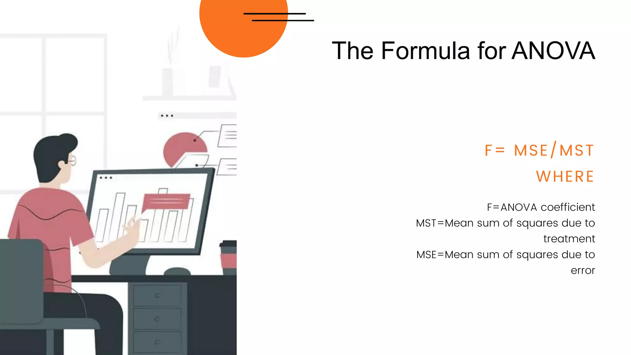The Formula for ANOVA
F=ANOVA coefficient
MST=Mean sum of squares due to
treatment
MSE=Mean sum of squares due to
error
WHERE
F= MSE/MST
 