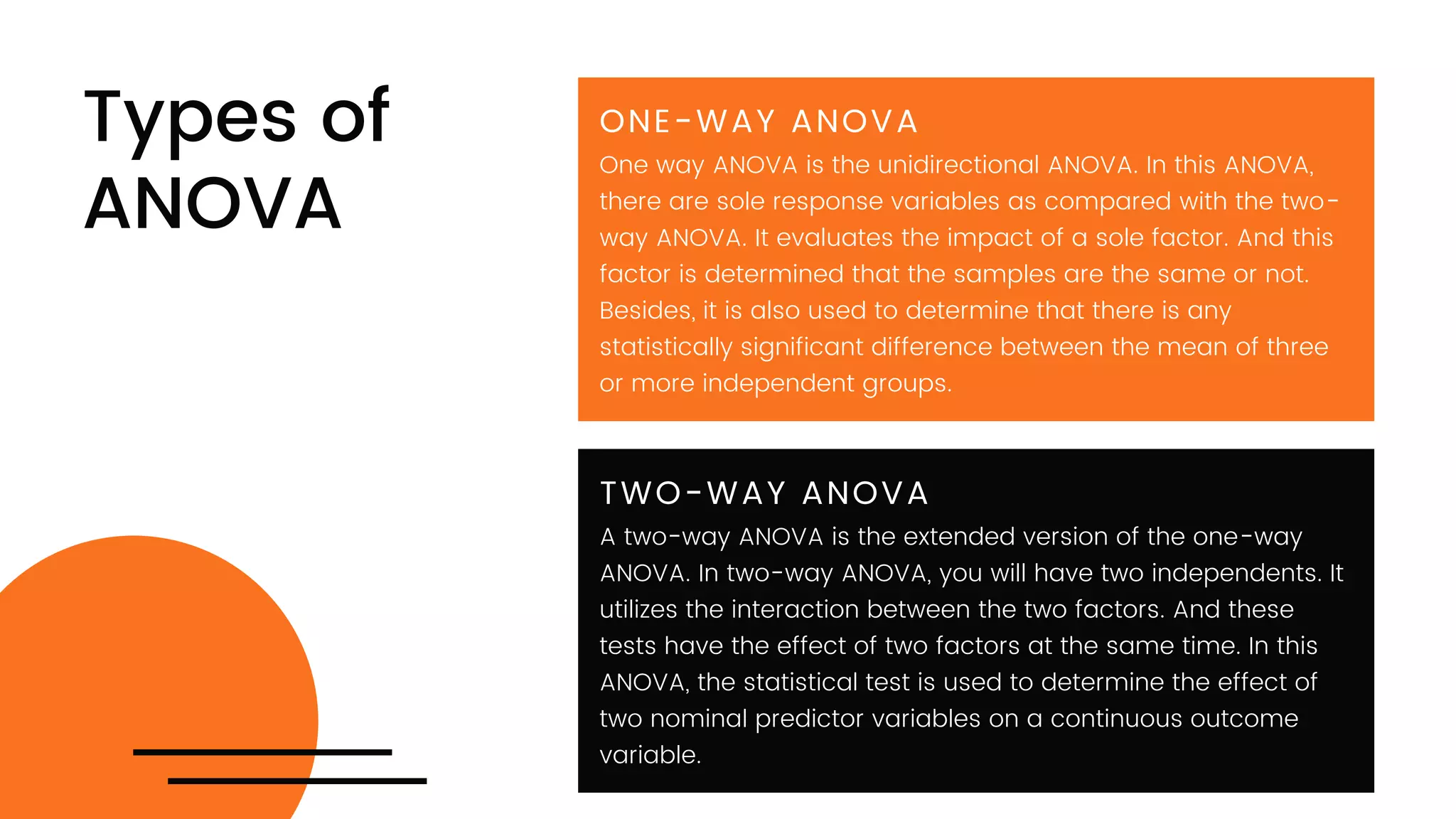 Types of
ANOVA
ONE-WAY ANOVA
One way ANOVA is the unidirectional ANOVA. In this ANOVA,
there are sole response variables as compared with the two-
way ANOVA. It evaluates the impact of a sole factor. And this
factor is determined that the samples are the same or not.
Besides, it is also used to determine that there is any
statistically significant difference between the mean of three
or more independent groups.
TWO-WAY ANOVA
A two-way ANOVA is the extended version of the one-way
ANOVA. In two-way ANOVA, you will have two independents. It
utilizes the interaction between the two factors. And these
tests have the effect of two factors at the same time. In this
ANOVA, the statistical test is used to determine the effect of
two nominal predictor variables on a continuous outcome
variable.
 