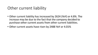 Other current liability
• Other current liability has increased by 2624 (YoY) or 4.8%. The
increase may be due to the fact that the company decided to
purchase other current assets from other current liabilities.
• Other current assets have risen by 2488 YoY or 4.01%
 