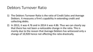 Debtors Turnover Ratio
1) The Debtors Turnover Ratio is the ratio of Credit Sales and Average
Debtors. It measures a firm’s capability in extending credit and
collecting debts.
2) In 2013, it was 4.76 and in 2014 it was 4.86. Thus we can clearly say
that there has not been a noticeable change in the ratio. This is
mainly due to the reason that Average Debtors has witnessed only a
change of 10,920 hence not affecting the ratio drastically.
 