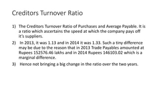 Creditors Turnover Ratio
1) The Creditors Turnover Ratio of Purchases and Average Payable. It is
a ratio which ascertains the speed at which the company pays off
it’s suppliers.
2) In 2013, it was 1.13 and in 2014 it was 1.33. Such a tiny difference
may be due to the reason that in 2013 Trade Payables amounted at
Rupees 152576.46 lakhs and in 2014 Rupees 146103.02 which is a
marginal difference.
3) Hence not bringing a big change in the ratio over the two years.
 