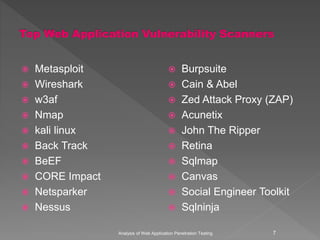  Metasploit
 Wireshark
 w3af
 Nmap
 kali linux
 Back Track
 BeEF
 CORE Impact
 Netsparker
 Nessus
 Burpsuite
 Cain & Abel
 Zed Attack Proxy (ZAP)
 Acunetix
 John The Ripper
 Retina
 Sqlmap
 Canvas
 Social Engineer Toolkit
 Sqlninja
Analysis of Web Application Penetration Testing 7
 