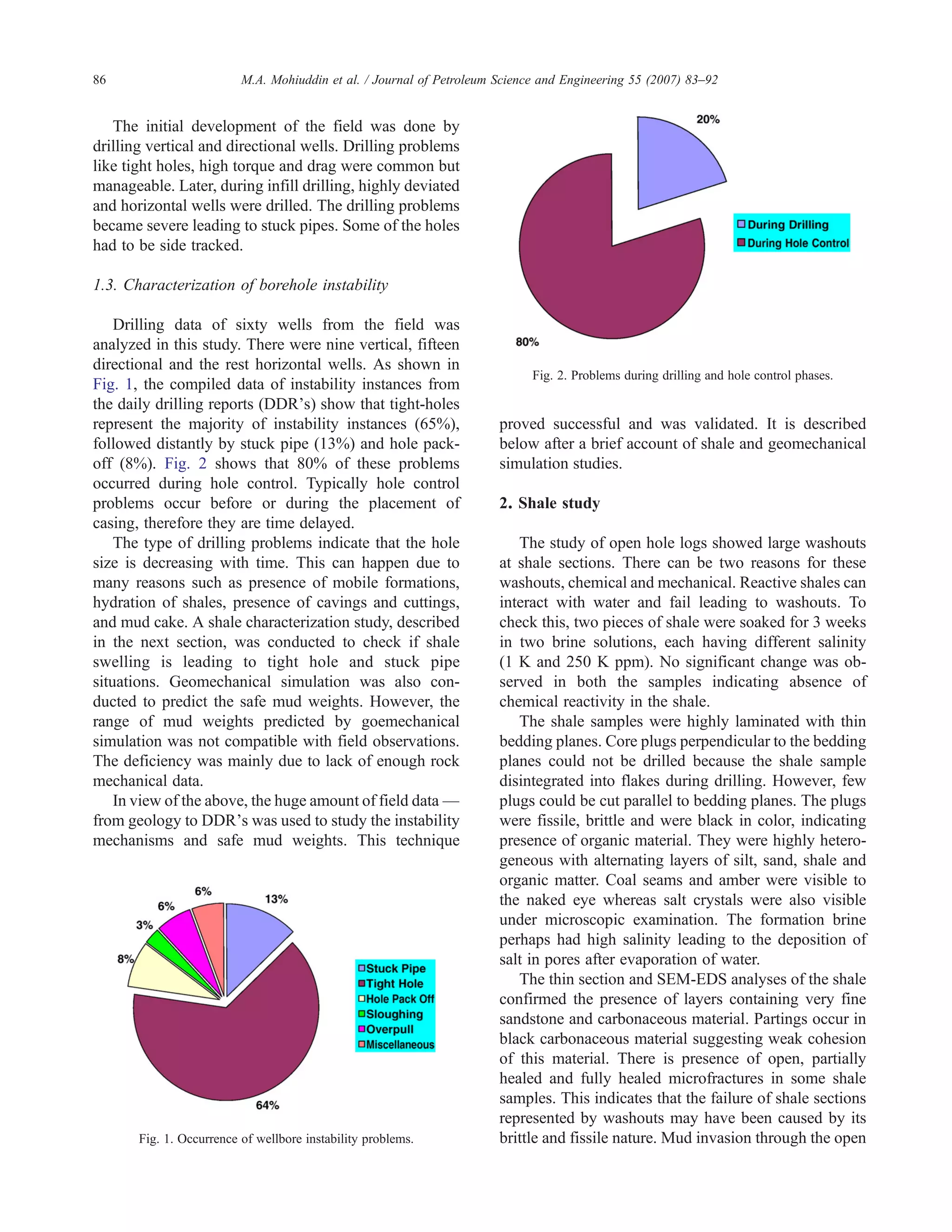 The initial development of the field was done by
drilling vertical and directional wells. Drilling problems
like tight holes, high torque and drag were common but
manageable. Later, during infill drilling, highly deviated
and horizontal wells were drilled. The drilling problems
became severe leading to stuck pipes. Some of the holes
had to be side tracked.
1.3. Characterization of borehole instability
Drilling data of sixty wells from the field was
analyzed in this study. There were nine vertical, fifteen
directional and the rest horizontal wells. As shown in
Fig. 1, the compiled data of instability instances from
the daily drilling reports (DDR's) show that tight-holes
represent the majority of instability instances (65%),
followed distantly by stuck pipe (13%) and hole pack-
off (8%). Fig. 2 shows that 80% of these problems
occurred during hole control. Typically hole control
problems occur before or during the placement of
casing, therefore they are time delayed.
The type of drilling problems indicate that the hole
size is decreasing with time. This can happen due to
many reasons such as presence of mobile formations,
hydration of shales, presence of cavings and cuttings,
and mud cake. A shale characterization study, described
in the next section, was conducted to check if shale
swelling is leading to tight hole and stuck pipe
situations. Geomechanical simulation was also con-
ducted to predict the safe mud weights. However, the
range of mud weights predicted by goemechanical
simulation was not compatible with field observations.
The deficiency was mainly due to lack of enough rock
mechanical data.
In view of the above, the huge amount of field data —
from geology to DDR's was used to study the instability
mechanisms and safe mud weights. This technique
proved successful and was validated. It is described
below after a brief account of shale and geomechanical
simulation studies.
2. Shale study
The study of open hole logs showed large washouts
at shale sections. There can be two reasons for these
washouts, chemical and mechanical. Reactive shales can
interact with water and fail leading to washouts. To
check this, two pieces of shale were soaked for 3 weeks
in two brine solutions, each having different salinity
(1 K and 250 K ppm). No significant change was ob-
served in both the samples indicating absence of
chemical reactivity in the shale.
The shale samples were highly laminated with thin
bedding planes. Core plugs perpendicular to the bedding
planes could not be drilled because the shale sample
disintegrated into flakes during drilling. However, few
plugs could be cut parallel to bedding planes. The plugs
were fissile, brittle and were black in color, indicating
presence of organic material. They were highly hetero-
geneous with alternating layers of silt, sand, shale and
organic matter. Coal seams and amber were visible to
the naked eye whereas salt crystals were also visible
under microscopic examination. The formation brine
perhaps had high salinity leading to the deposition of
salt in pores after evaporation of water.
The thin section and SEM-EDS analyses of the shale
confirmed the presence of layers containing very fine
sandstone and carbonaceous material. Partings occur in
black carbonaceous material suggesting weak cohesion
of this material. There is presence of open, partially
healed and fully healed microfractures in some shale
samples. This indicates that the failure of shale sections
represented by washouts may have been caused by its
brittle and fissile nature. Mud invasion through the openFig. 1. Occurrence of wellbore instability problems.
Fig. 2. Problems during drilling and hole control phases.
86 M.A. Mohiuddin et al. / Journal of Petroleum Science and Engineering 55 (2007) 83–92
 