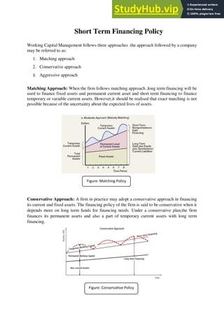 Short Term Financing Policy
Working Capital Management follows three approaches .the approach followed by a company
may be referred to as:
1. Matching approach
2. Conservative approach
3. Aggressive approach
Matching Approach: When the firm follows matching approach ,long term financing will be
used to finance fixed assets and permanent current asset and short term financing to finance
temporary or variable current assets. However,it should be realised that exact matching is not
possible because of the uncertainty about the expected lives of assets.
Conservative Approach: A firm in practice may adopt a conservative approach in financing
its current and fixed assets. The financing policy of the firm is said to be conservative when it
depends more on long term funds for financing needs. Under a conservative plan,the firm
finances its permanent assets and also a part of temporary current assets with long term
financing.
Figure: Matching Policy
Figure: Conservative Policy
 